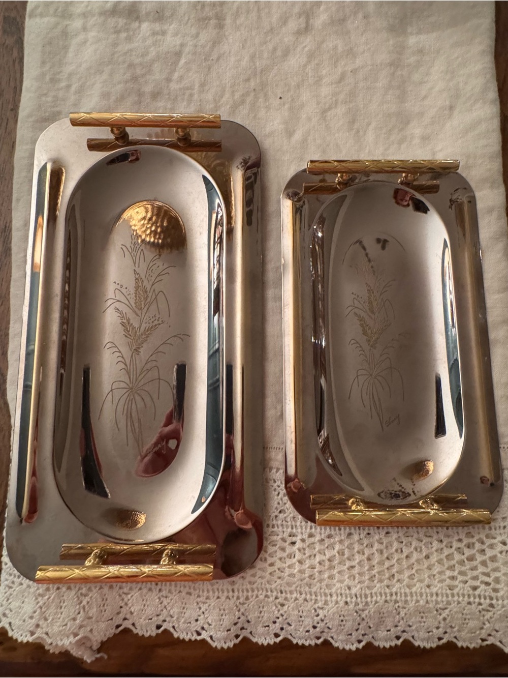 Vintage Pinter Italian Silver & Brass Vanity Serving Trays Set of 2